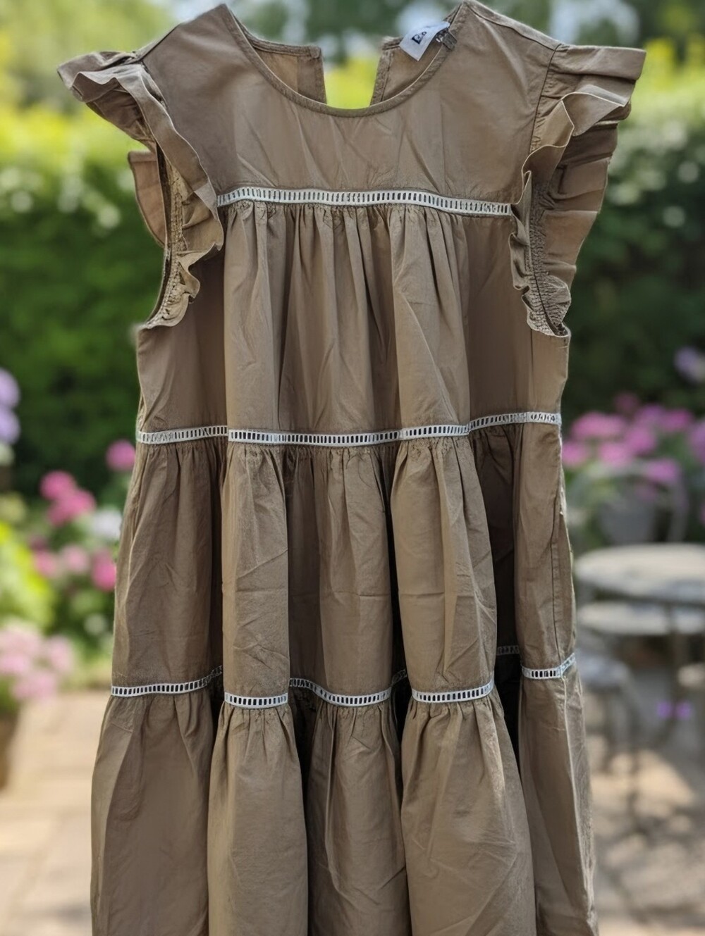 En Saison Tan Tiered Ruffle Dress with Lace Trim